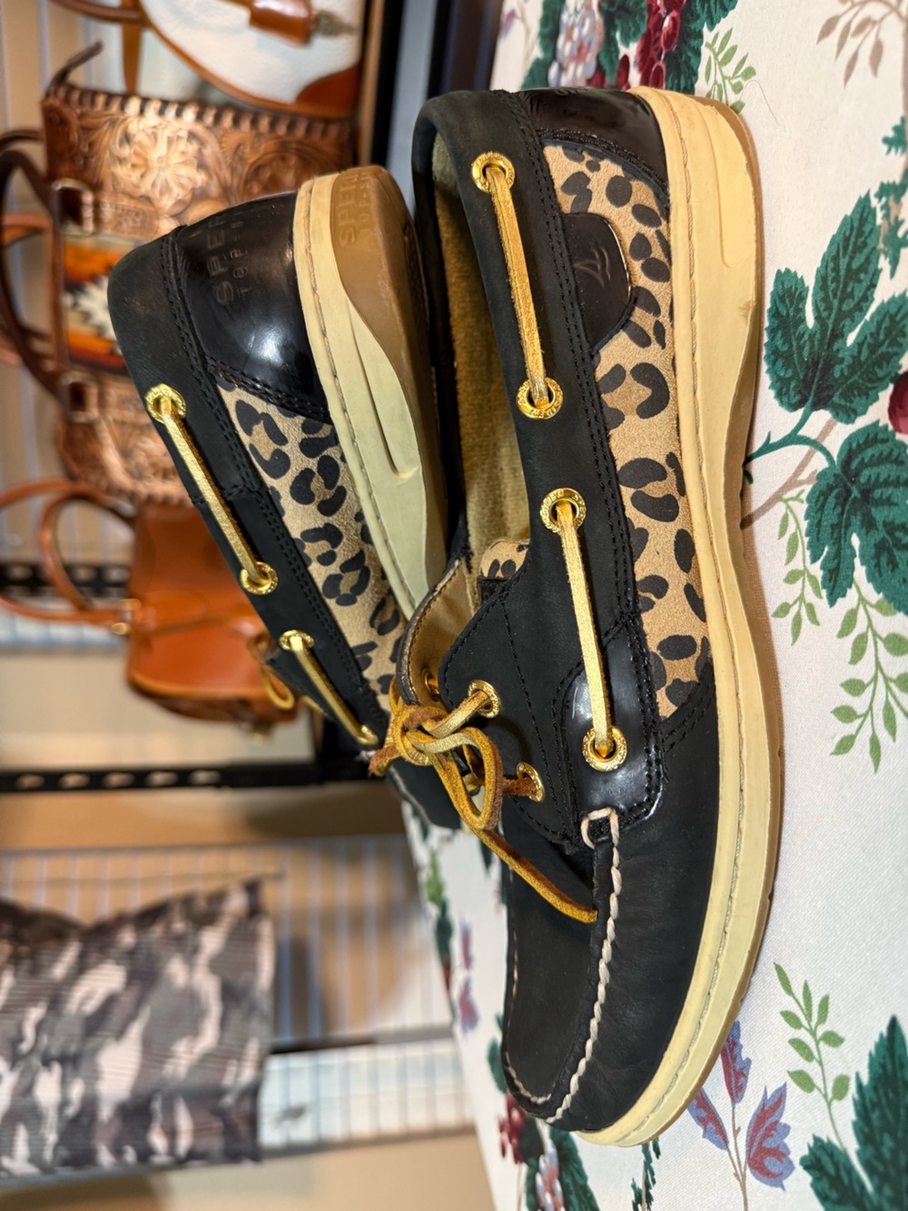Sperry Black & Leopard-Print Boat Moccasins